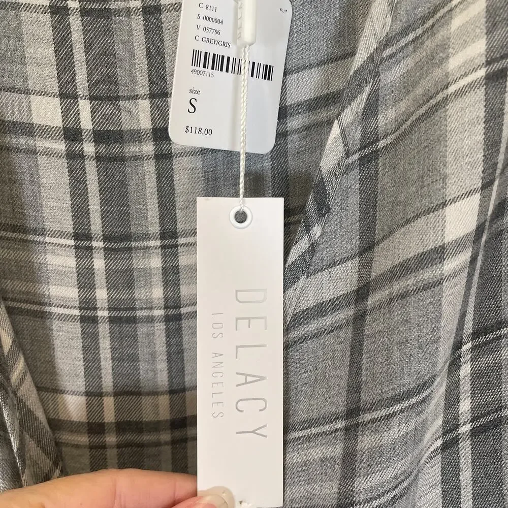 Free People Delacy Gray White Plaid Print Wrap Shirt‎ Long Sleeve NWT S